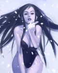  1girl bare_shoulders blue_hair blue_lips blue_skin breasts cleavage female final_fantasy final_fantasy_vii kareji leaning_forward leotard long_hair lowres monster_girl red_eyes snow snow_(ff7) solo 