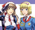  :d ahoge alicia_melchiott blue_eyes brown_eyes cosette_coalhearth hairband headdress long_hair military military_uniform multiple_girls necktie open_mouth salute senjou_no_valkyria senjou_no_valkyria_1 senjou_no_valkyria_2 short_hair smile twintails uniform yuzuki_n_dash 