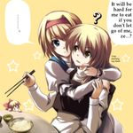  ? alice_margatroid blonde_hair blue_eyes cheek_pinching chopsticks doll dress eyes food hairband hard_translated hug kirisame_marisa multiple_girls namatarou pinching rice shanghai_doll star table touhou translated 