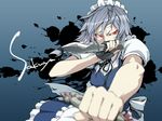  blurry braid depth_of_field dual_wielding face foreshortening highres holding izayoi_sakuya knife kyo_(kuroichigo) light_trail maid red_eyes reverse_grip short_hair silver_hair solo touhou twin_braids 