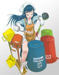  apron bad_id bad_pixiv_id blue_hair broom bucket chanchan cleaning_brush closed_eyes drum drum_set drumsticks dustpan earbuds earphones gloves highres instrument long_hair maid no_shoes open_mouth original plunger skirt socks solo striped trash_can 