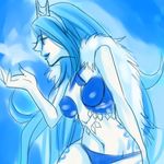  1girl bare_shoulders blue_eyes blue_hair blue_lips blue_skin breasts crown female final_fantasy final_fantasy_xii final_fantasy_xii_revenant_wings kareji lowres midriff monochrome navel shiva shiva_(final_fantasy) solo 