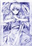  blue floating floating_object hat kamishirasawa_keine long_hair monochrome pose solo sword touhou traditional_media vent_arbre weapon 