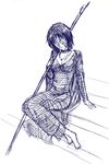  1girl barefoot cape demon&#039;s_souls demon's_souls dress feet female from_software full_body kisaragi_ryou_(sougetsu-tei) maiden_in_black monochrome ryo_kisaragi short_hair sitting sketch solo souls_(from_software) staff white_background 