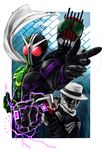  antennae bad_id bad_pixiv_id electricity fedora foreshortening gun hat kamen_rider kamen_rider_dcd kamen_rider_decade kamen_rider_double kamen_rider_skull kamen_rider_w male_focus multiple_boys pointing scarf weapon yanagi_ryuuta 