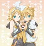  1girl blonde_hair brother_and_sister green_hair heart heart_hands heart_hands_duo hotaru_takana kagamine_len kagamine_rin siblings twins vocaloid 