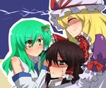  akatoro_(nightlord) blonde_hair brown_eyes brown_hair green_hair hakurei_reimu kochiya_sanae multiple_girls touhou yakumo_yukari 