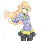  black_legwear blonde_hair cowboy_shot green_eyes jacket long_hair long_sleeves nabeshima_tetsuhiro pantyhose parted_lips skirt solo sora_(suguri) standing suguri white_background 