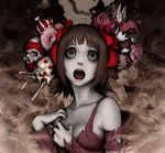  amami_haruka cake crown empty_eyes flower food fork genk hair_ornament hands hands_on_own_chest highres horror_(theme) idolmaster idolmaster_(classic) knife muted_color open_mouth pale_skin ribbon scissors silverware skull solo spoon stitches torn_clothes 