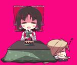  =_= blonde_hair blush_stickers chibi food hakurei_reimu happy kirisame_marisa kotatsu multiple_girls ribbon rikumaru saliva senbei sleeping table tea touhou 