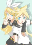  1girl blonde_hair blue_eyes brother_and_sister futaba_no_taiko hands kagamine_len kagamine_rin necktie no_nose siblings twins v vocaloid yellow_neckwear 