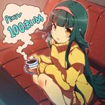  bad_id bad_pixiv_id black_hair blush coffee cup hairband headband is_ii long_hair mug open_mouth original solo sweater turtleneck yellow_eyes 