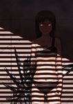  android blinds bra brown_eyes clenched_hand glowing glowing_eyes lingerie navel orange_eyes original panties scowl shade solo strap_slip sunlight tattoo underwear underwear_only wall watari_taichi weapon window_shade 