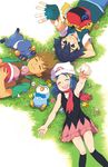  2boys baseball_cap beanie blush closed_eyes croagunk fingerless_gloves flower gen_1_pokemon gen_4_pokemon gloves happiny haruno_(kujiram) hat hikari_(pokemon) kneehighs lying multiple_boys pikachu piplup pokemon pokemon_(anime) pokemon_(creature) pokemon_dp_(anime) red_scarf satoshi_(pokemon) scarf skirt socks takeshi_(pokemon) 