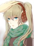  aqua_eyes blonde_hair blue_eyes blush earmuffs isumimax lips original petting scarf solo_focus twintails 