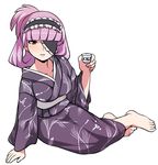  arm_support barefoot choko_(cup) cup dream_c_club dream_c_club_(series) eyepatch feet haiteku hands headdress japanese_clothes kimono mari_(dream_c_club) purple_eyes purple_hair sitting solo yokozuwari 