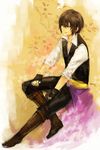  between_legs black_gloves black_pants black_vest blue_eyes boots brown_footwear brown_hair fingerless_gloves flower full_body gloves hakuouki_shinsengumi_kitan hand_between_legs looking_away male_focus pants sash shirt sitting sleeves_rolled_up smile solo toudou_heisuke_(hakuouki) vest waistcoat white_shirt xxnicol 