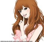  black_eyes brown_hair copyright_request lipstick long_hair makeup nail_polish pink_nails smile solo takenaka 