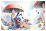  ahoge barefoot blue_hair bow bug butterfly copyright_request emperpep hair_bow insect long_hair mushroom rain solo traditional_media watercolor_(medium) yellow_eyes 