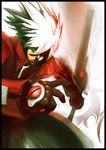  artist_request blazblue crest gloves heterochromia japanese_clothes left-handed male_focus ragna_the_bloodedge silver_hair solo sword weapon 