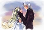  1boy 1girl armor blonde_hair cape cecil_harvey couple elbow_gloves female final_fantasy final_fantasy_iv gloves kareji long_hair male ponytail rosa_farrell short_hair sketch white_hair 