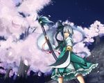  aiming_at_viewer bad_id bad_pixiv_id black_hairband bloomers blue_eyes bow cherry_blossoms foreshortening ghost glaring hairband highres katana kinsenka konpaku_youmu konpaku_youmu_(ghost) large_bow ribbon short_hair silver_hair solo stairs sword tassel touhou underwear weapon white_hair 