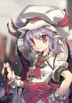  ascot bat_wings dress hand_on_hip hat hat_ribbon lavender_hair md5_mismatch noya_makoto pink_eyes pointy_ears puffy_short_sleeves puffy_sleeves remilia_scarlet ribbon sash short_sleeves solo sword touhou weapon white_dress wings wrist_cuffs 