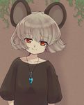  alternate_costume animal_ears grey_hair iris_anemone jewelry looking_at_viewer mouse_ears nazrin necklace red_eyes shirt short_hair short_sleeves simple_background smile solo touhou 