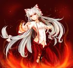  bow fire fujiwara_no_mokou hair_bow hair_ornament hair_ribbon highres homo_1121 long_hair long_sleeves looking_away looking_up midriff navel open_mouth outstretched_arm pants puffy_sleeves red_eyes ribbon shirt silver_hair solo torn_clothes torn_pants torn_sleeves touhou 