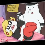  bed black_fur blonde_hair camera_view clothing crossdressing duo english_text fingerless_gloves fur gloves hair handcuffs hat ice_bear legwear lipstick lonbluewolf male open_mouth panda_(character) pillow shackles stockings text underwear we_bare_bears white_fur wig 