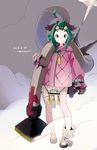  adapted_costume animal_ears bandages dated full_body goggles goggles_on_head green_eyes green_hair highres kasodani_kyouko long_sleeves looking_at_viewer mittens namauni shirt signature skirt solo steampunk touhou vacuum_cleaner 