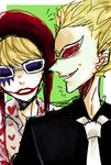  2boys blonde_hair brothers donquixote_doflamingo donquixote_pirates donquixote_rocinante facial_mark hat male_focus multiple_boys necktie one_piece siblings simple_background suit sunglasses 