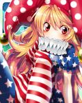  american_flag_dress american_flag_legwear blonde_hair clownpiece covering_mouth dutch_angle fua_yuu hat jester_cap long_hair looking_at_viewer neck_ruff pantyhose print_legwear puffy_sleeves red_eyes short_sleeves signature sitting solo star striped touhou 