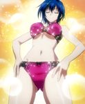  blue_hair bra breasts eyes_closed female gradient gradient_background high_school_dxd highres large_breasts panties short_hair smile solo sparkle standing stitched underwear xenovia_(high_school_dxd) 