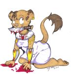  :3 all_fours anthro blood breasts clothed clothing deity ear_piercing egyptian_mythology fangs feline female jewelry knife lion mammal margolo-blu piercing robe sekhmet_(character) smile solo 