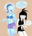  black_hair blue_hair blue_skin breasts cleavage clothed clothing creepy_susie crossover dialogue dress duo english_text female ghost ghoul_school hair herny human mammal multicolored_hair open_mouth pale_skin phantasma_phantom scooby-doo_(series) spirit swimsuit text the_oblongs white_hair 