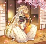  :3 armor cherry_blossoms closed_eyes fang indian_style japanese_armor japanese_clothes kogitsunemaru long_hair low-tied_long_hair male_focus okidokei petals shoulder_armor sitting smile sode solo touken_ranbu white_hair 