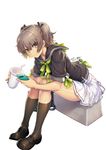  2015 ayaki brown_hair commentary_request cup dated drinking_glass drinking_straw eyebrows_visible_through_hair eyes_visible_through_hair full_body green_eyes green_ribbon highres holding holding_cup holding_phone kneehighs leaning_forward loafers looking_at_viewer original phone pleated_skirt ribbon school_uniform serafuku shoes signature simple_background sitting skirt smile solo two_side_up white_background white_skirt 