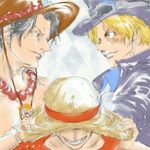  argyle argyle_background blonde_hair brothers freckles gradient gradient_background hat jacket male_focus monkey_d_luffy multiple_boys necklace one_piece portgas_d_ace sabo_(one_piece) scar siblings stampede_string straw_hat topless trio 