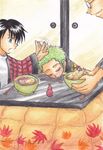  1girl 2boys black_hair bowl chopsticks father_and_daughter food glasses green_hair jar koshiro kotatsu kuina multiple_boys one_piece roronoa_zoro shrimp sleeping table tempura traditional_media younger 