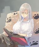  absurdres book breasts glasses gram_(muneneko) highres huge_breasts lips long_hair looking_down muneneko original parted_lips reading red_eyes silver_hair sitting solo 