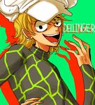  1boy blonde_hair character_name dellinger donquixote_pirates dressrosa hat long_sleeves male_focus one_piece open_mouth simple_background smile solo 