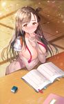  aile_(crossroads) blush book breasts breasts_outside brown brown_hair convenient_censoring eraser gakkou_gurashi! large_breasts long_hair mole mole_under_eye one_side_up open_clothes open_shirt pen ribbon shirt solo table topless very_long_hair vest wakasa_yuuri 