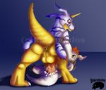  anal anal_penetration anthro anus balls big_penis bukephalos cum cum_from_ass cum_inside digimon digital_media_(artwork) digitigrade distracting_watermark duo feral gabumon gomamon horn lying male male/male on_back pelt penetration penis perineum pinniped raised_tail scalie seal sex signature watermark 