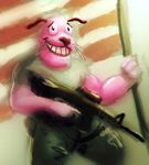  canine courage_the_cowardly_dog dog gun male mammal muscular ranged_weapon smile solo source_request stars_and_stripes united_states_of_america unknown_artist weapon 