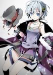  aya003030 blue_eyes blue_hair canaan_(divine_gate) divine_gate ear_clip earrings hair_ornament hat hat_removed headwear_removed jewelry looking_at_viewer magatama petals short_hair shorts solo suspenders top_hat torn_clothes 