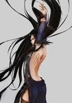  arms_up back_tattoo backless_outfit bare_back black_hair blue_eyes boots castlevania detached_sleeves grey_background highres long_hair looking_at_viewer makura_(humoffu) pout shanoa simple_background solo tattoo thigh_boots thighhighs thighs very_long_hair 