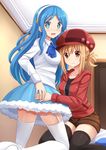  2girls ass ass_grab badge black_legwear blonde_hair blue_eyes blue_hair blush brown_eyes button_badge cabbie_hat commentary doma_umaru dress garter_straps hairband hat hat_ornament highres himouto!_umaru-chan hood hoodie kazenokaze kneeling long_hair looking_back multiple_girls open_mouth pins ponytail shorts sitting skirt smile sweat symbol-shaped_pupils tachibana_sylphynford thighhighs umr very_long_hair wavy_mouth white_legwear yuri zettai_ryouiki 