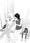  2girls akimichi_chouchou barefoot black_&amp;_white dark_skin eyes_closed glasses monochrome multiple_girls naruto naruto_gaiden partially_submerged shigegigi shoes_removed sitting smile uchiha_sarada water 