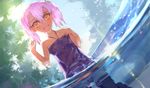  alternate_hairstyle bad_id bad_pixiv_id bare_shoulders blush chloe_von_einzbern dark_skin day dutch_angle fate/kaleid_liner_prisma_illya fate_(series) halterneck lens_flare long_hair looking_at_viewer observerz one-piece_swimsuit open_mouth outdoors pink_hair smile solo swimsuit twintails wading water wet yellow_eyes 